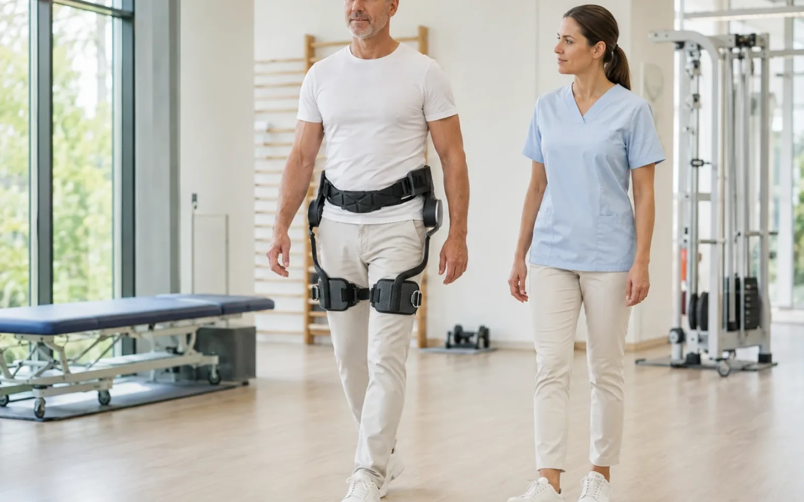 Sala de fisioterapia: homem caminhando com exoesqueleto ao lado de profissional de saúde.