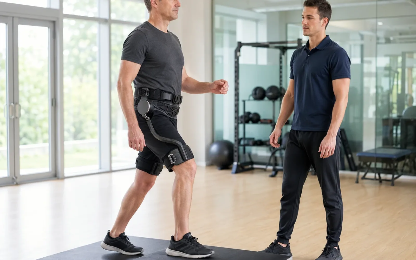 Sessão de treinamento físico: homem caminhando sobre plataforma com exoesqueleto, acompanhado por profissional.